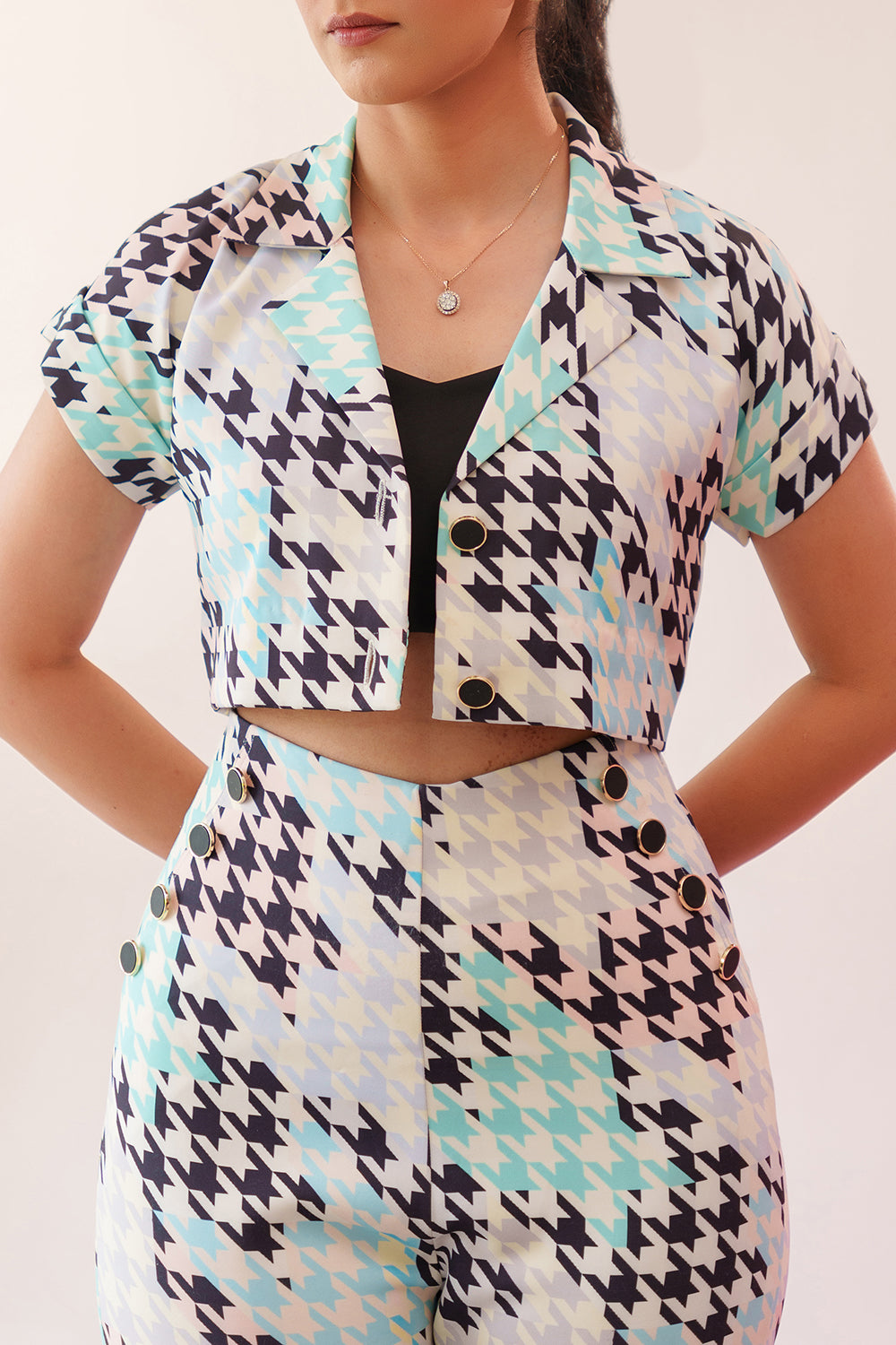 Cropped Coat Co-ord Set in Geometric Print with Black Crop Top