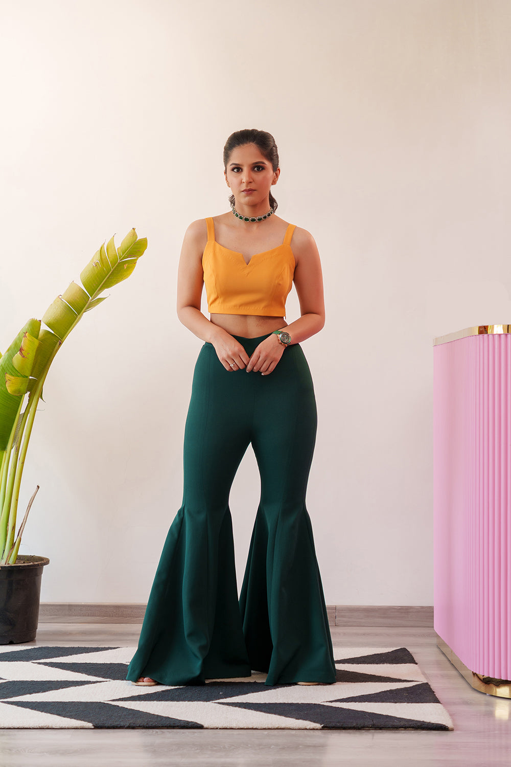 Color Blocked 3 Piece Co-ord Set in Green & Mustard