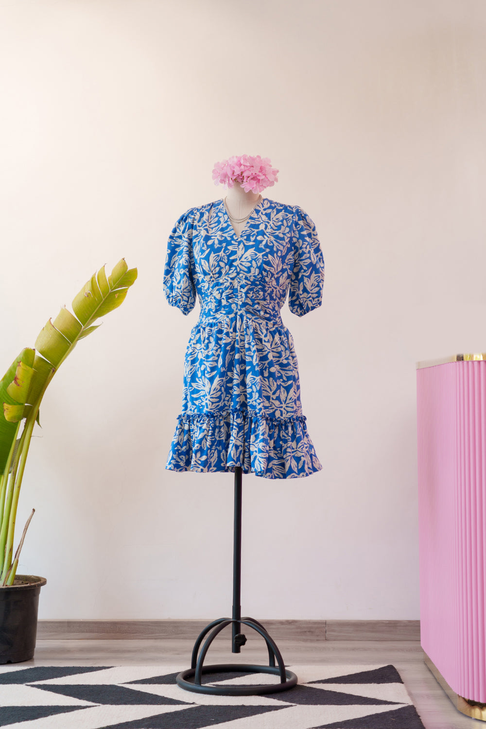 Pleated Dress in Indigo Blue Print