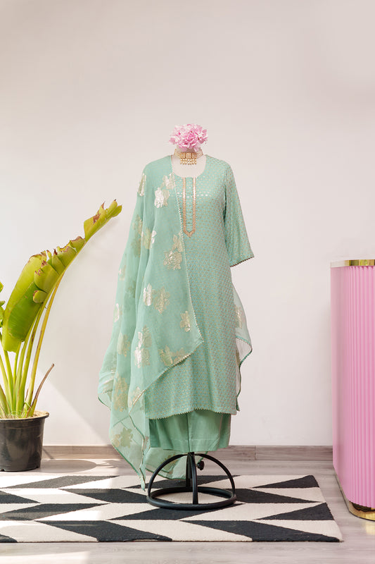 Seafoam Green Straight Suit with Organza Dupatta