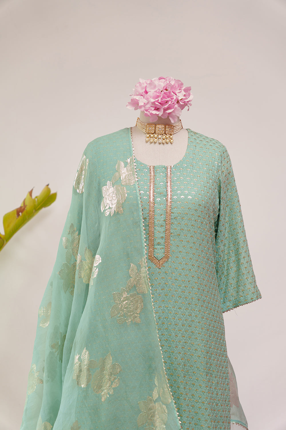 Seafoam Green Straight Suit with Organza Dupatta