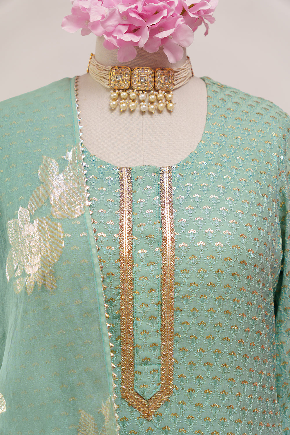 Seafoam Green Straight Suit with Organza Dupatta