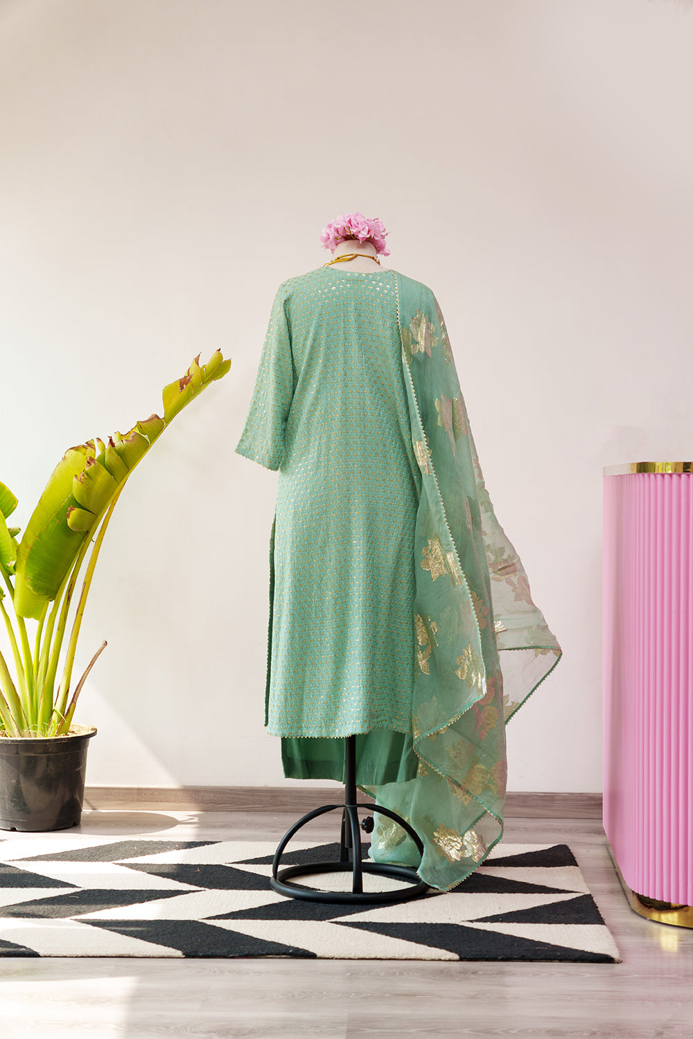 Seafoam Green Straight Suit with Organza Dupatta