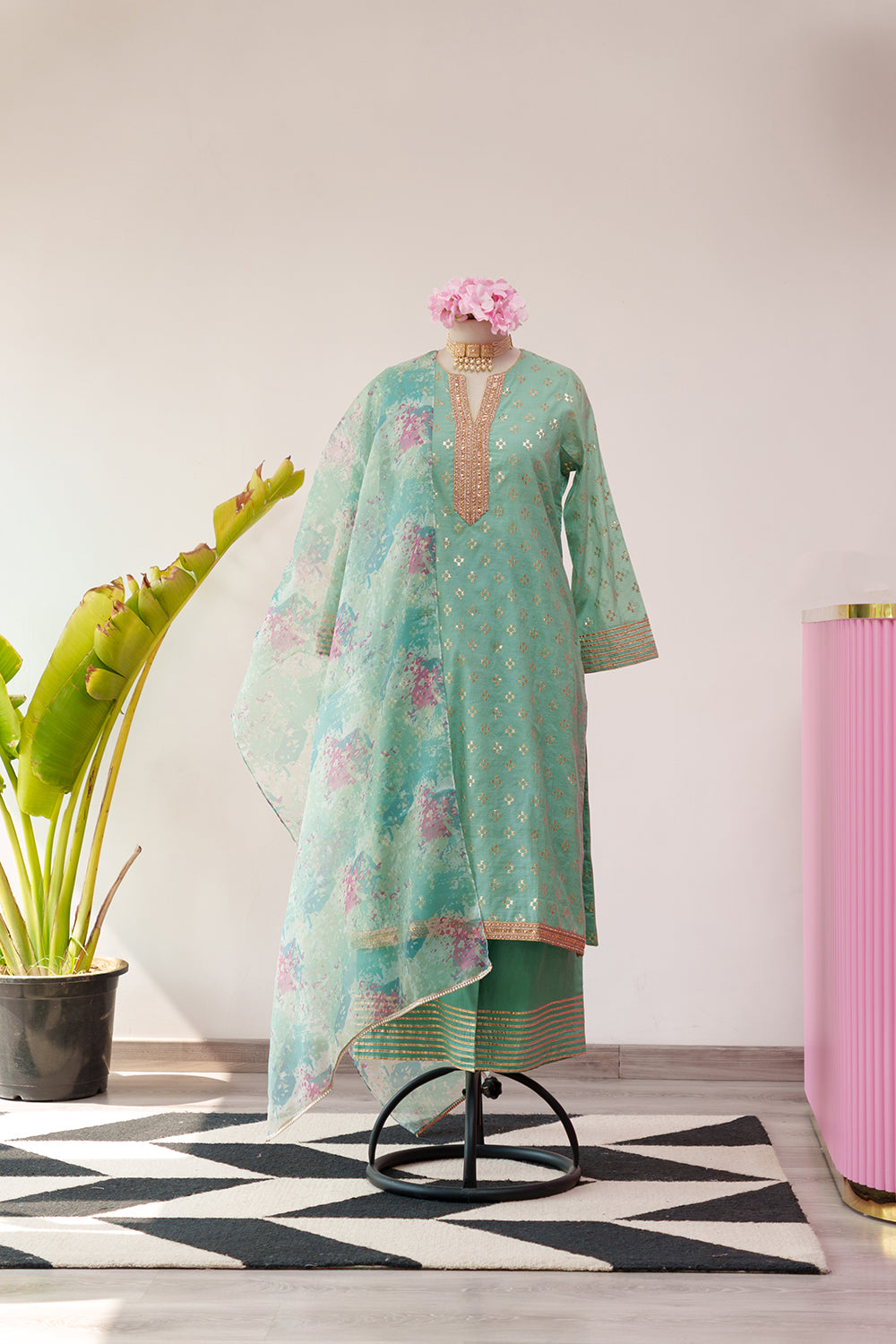 Seafoam Green Straight Chanderi Suit with Printed Dupatta