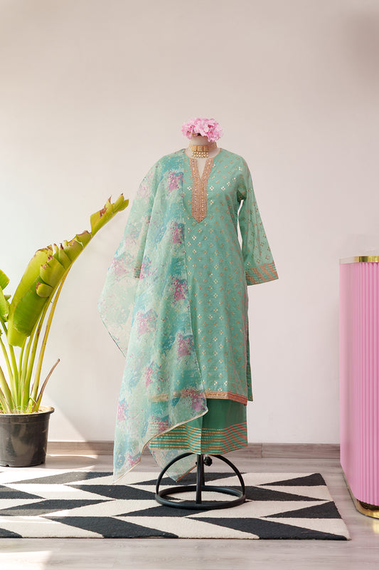 Seafoam Green Straight Chanderi Suit with Printed Dupatta