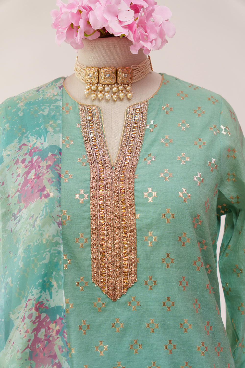 Seafoam Green Straight Chanderi Suit with Printed Dupatta