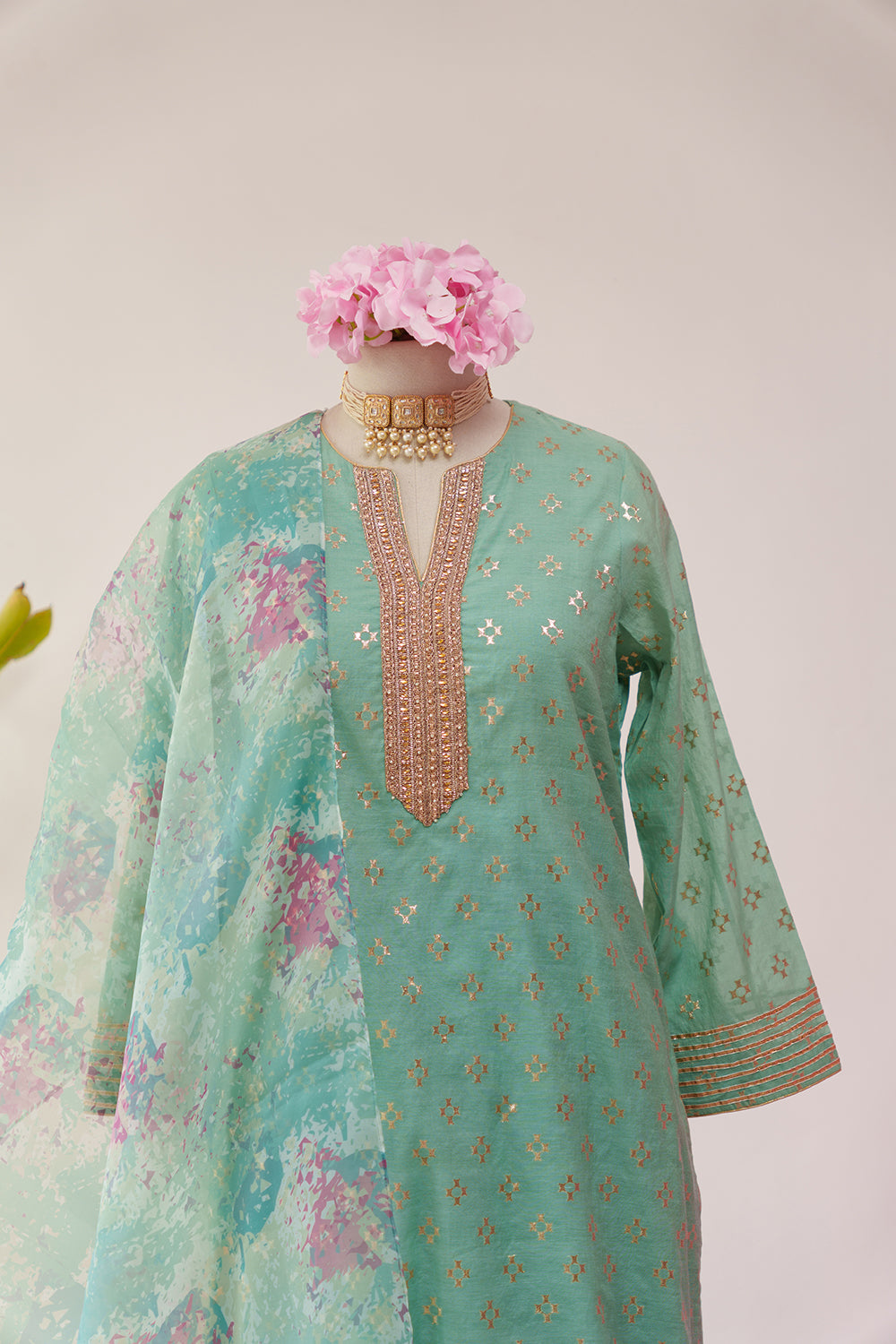 Seafoam Green Straight Chanderi Suit with Printed Dupatta