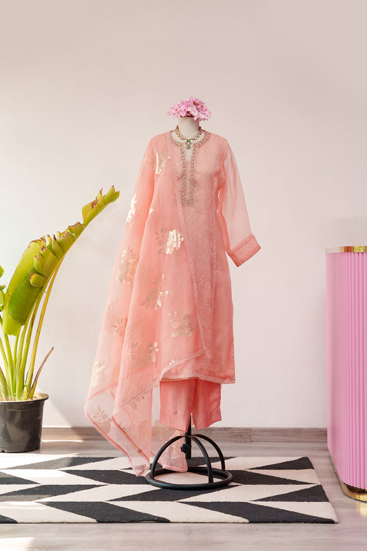 Peach Organza Suit with Embroidery