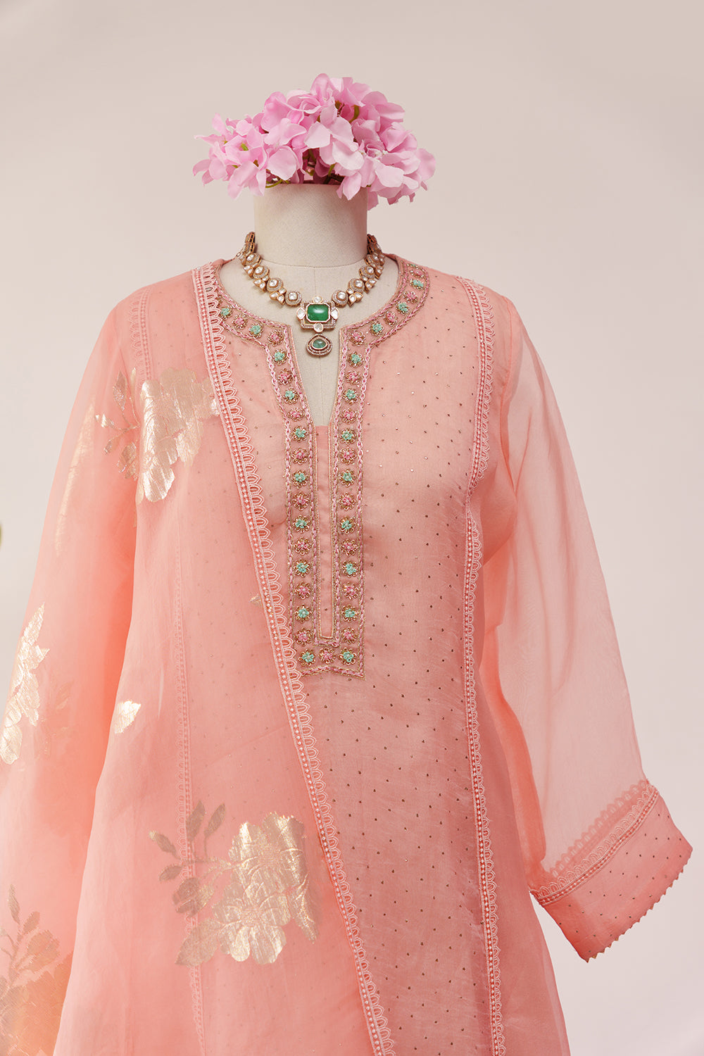 Peach Organza Suit with Embroidery