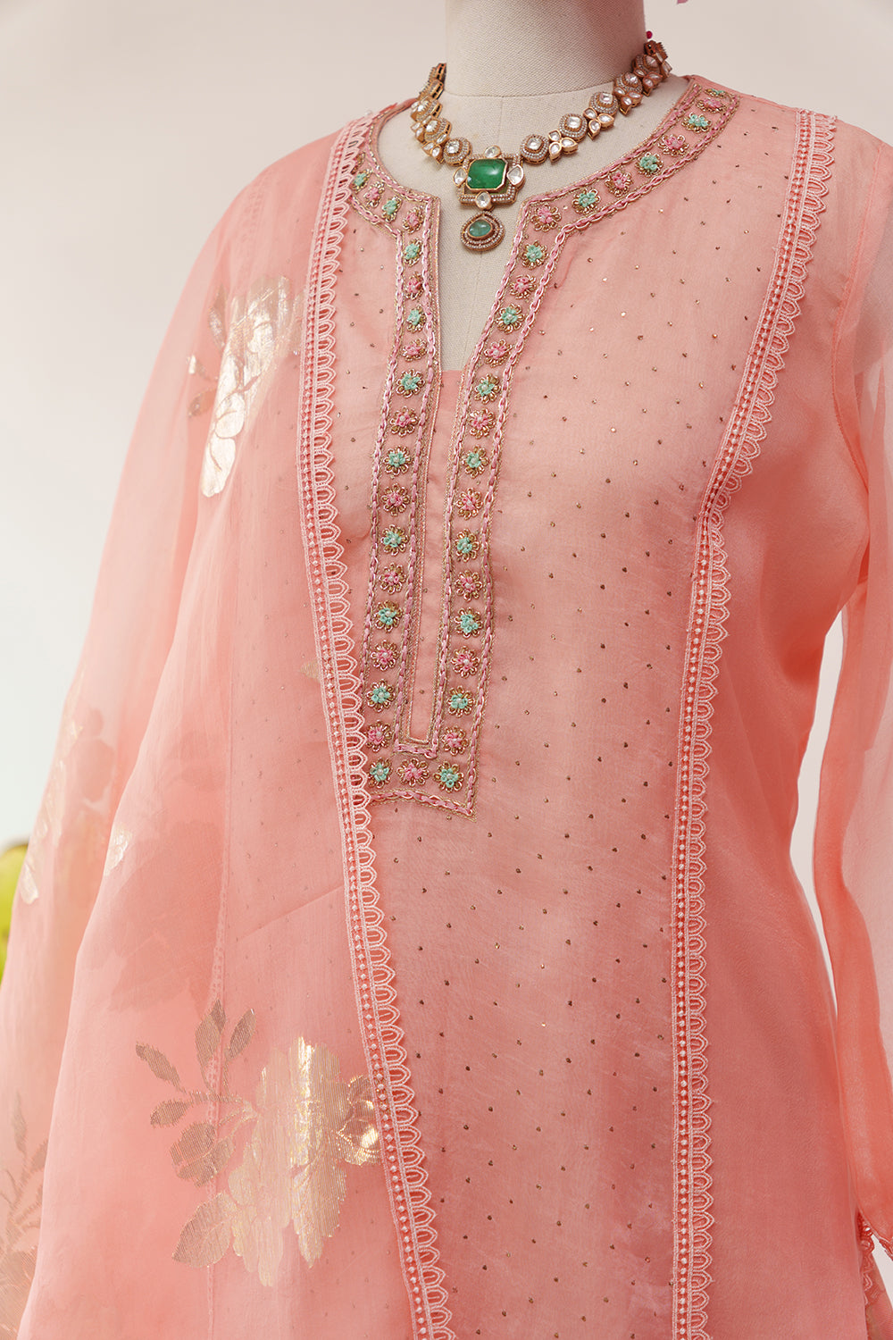 Peach Organza Suit with Embroidery