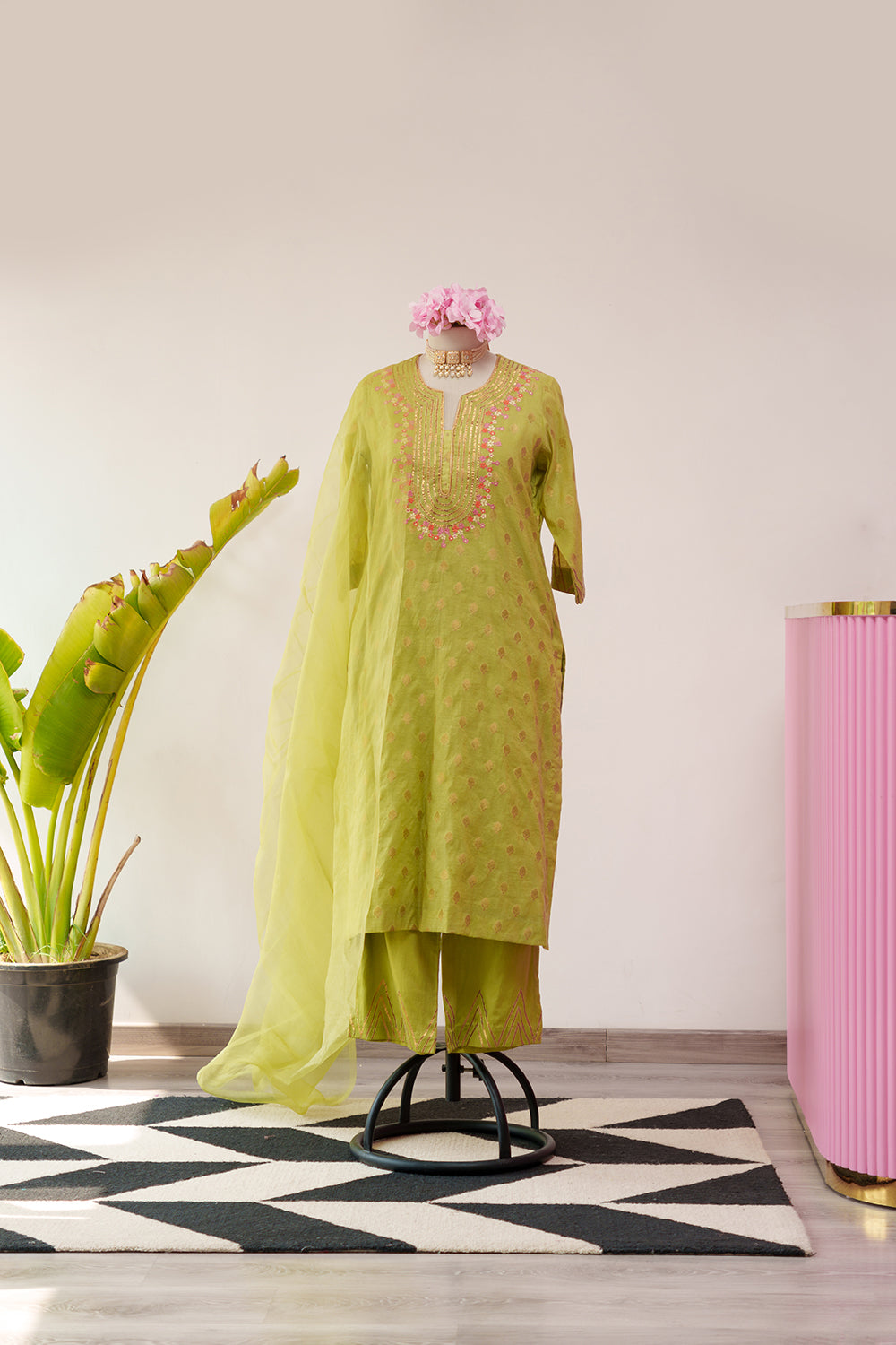 Parrot Green Chanderi Suit with Thread & Gotta Embroidery