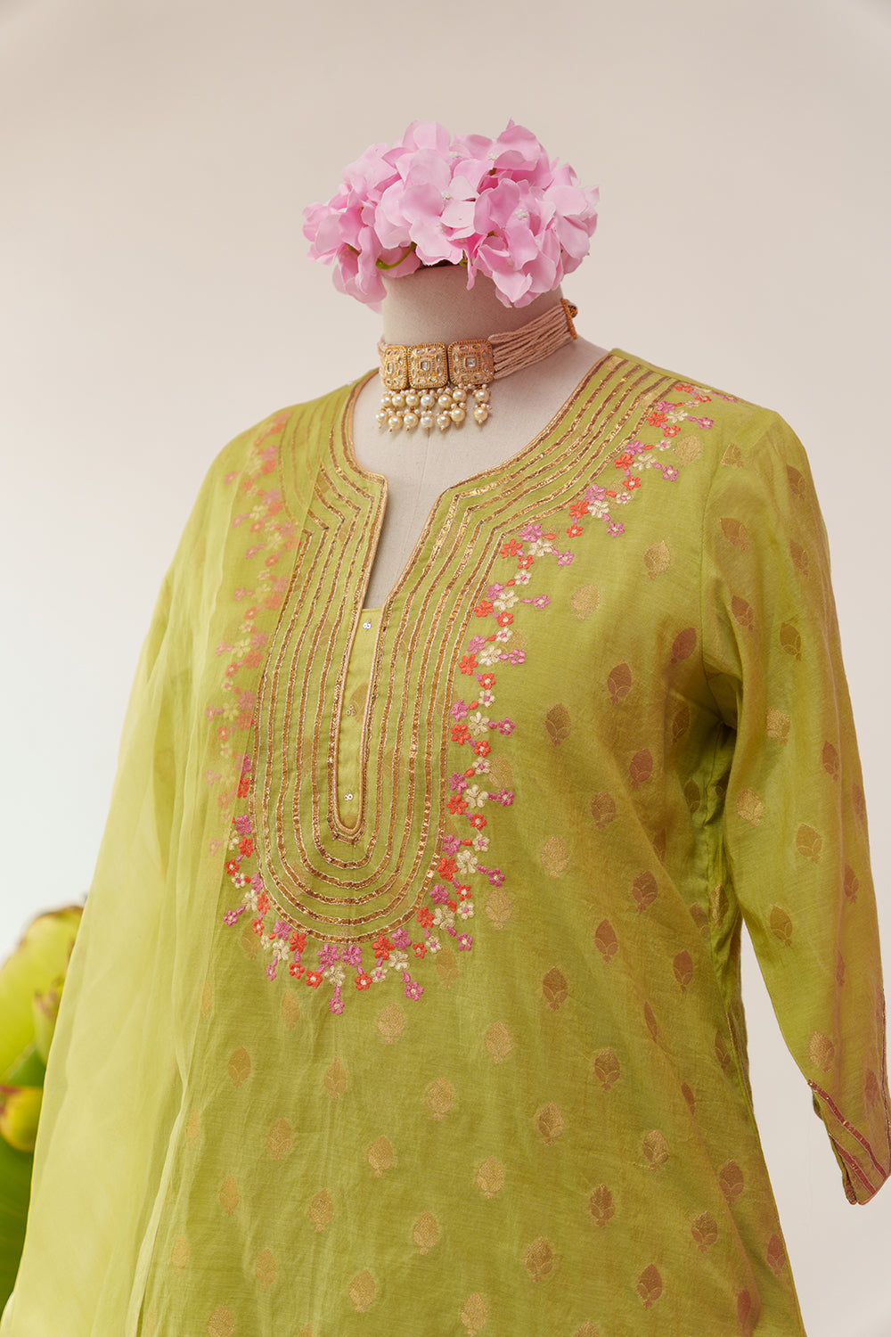 Parrot Green Chanderi Suit with Thread & Gotta Embroidery