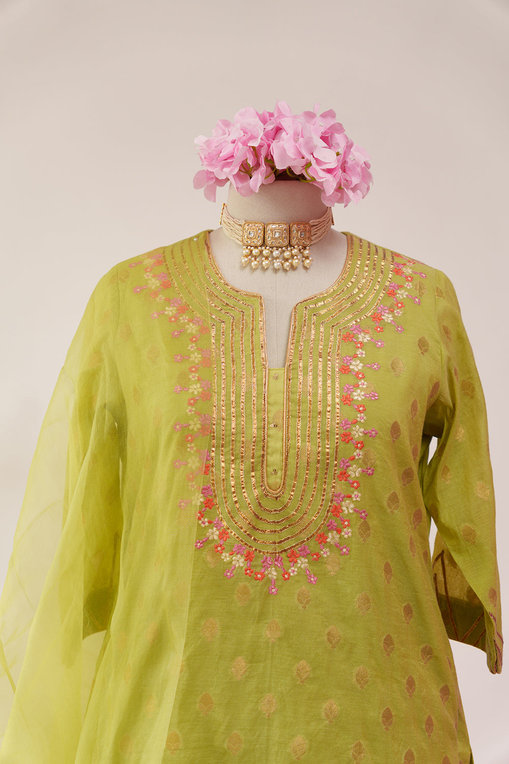 Parrot Green Chanderi Suit with Thread & Gotta Embroidery