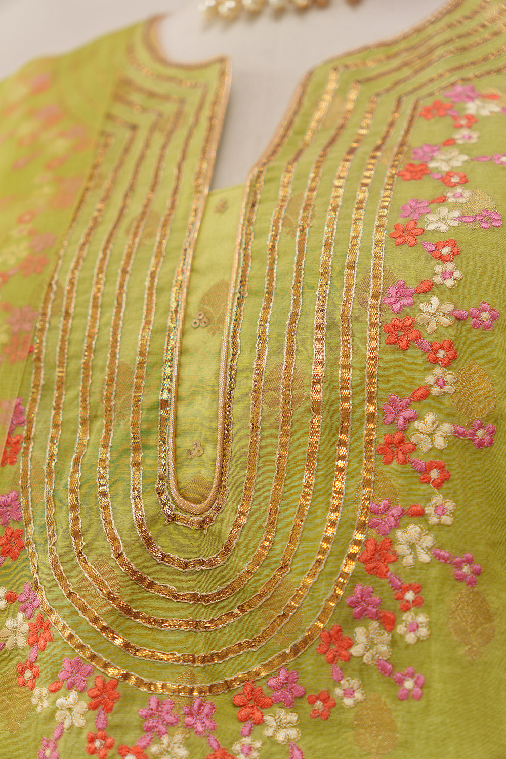 Parrot Green Chanderi Suit with Thread & Gotta Embroidery