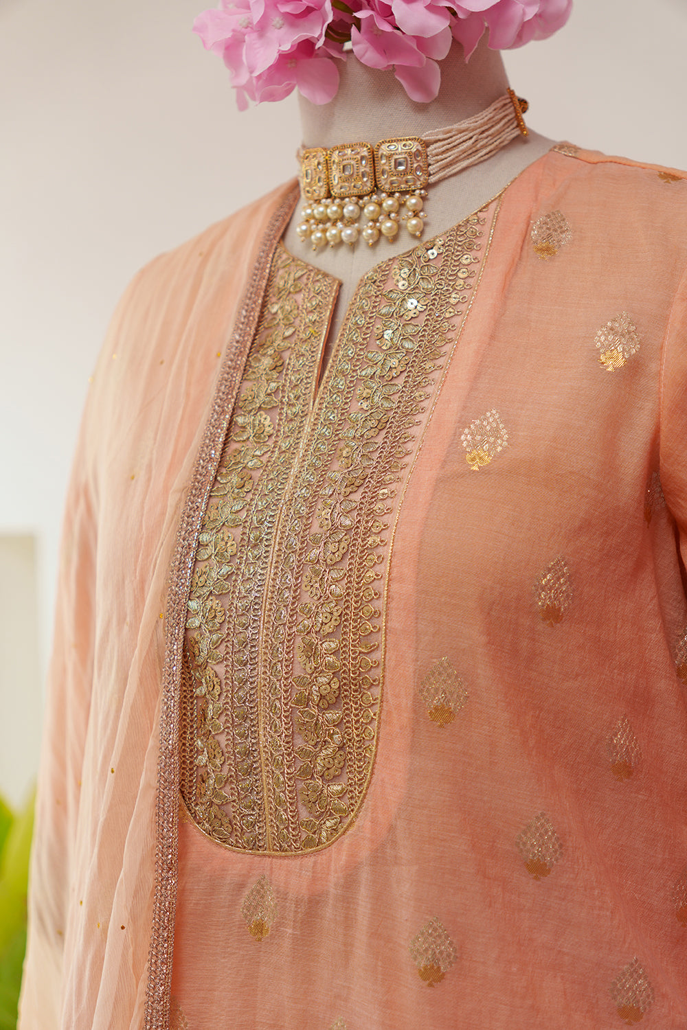 Peach Chanderi Suit with Georgette Skirt