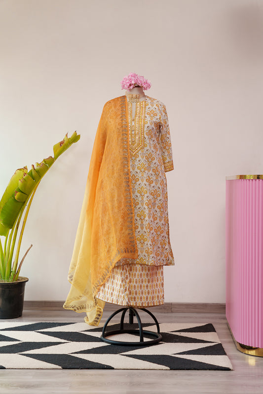 Shades of Yellow Printed Suit with Patti and Thread embroidery