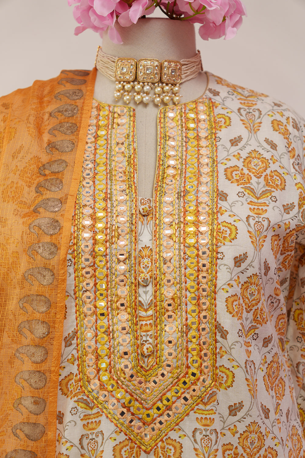 Shades of Yellow Printed Suit with Patti and Thread embroidery