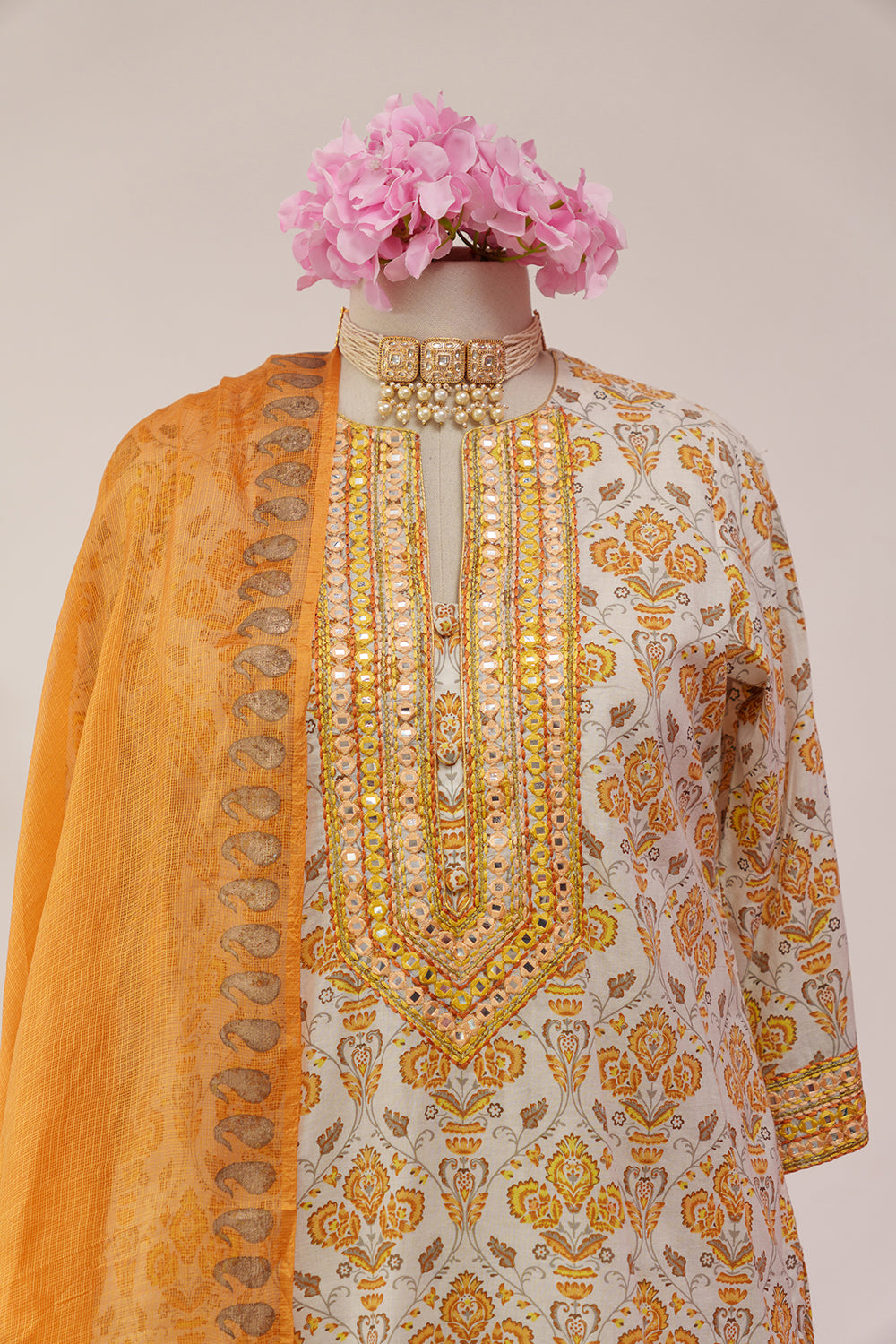 Shades of Yellow Printed Suit with Patti and Thread embroidery