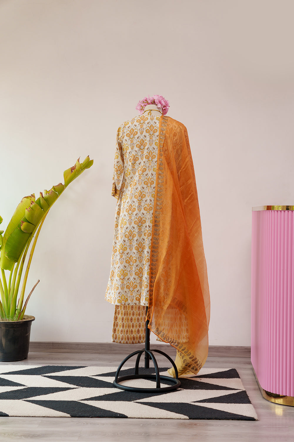 Shades of Yellow Printed Suit with Patti and Thread embroidery