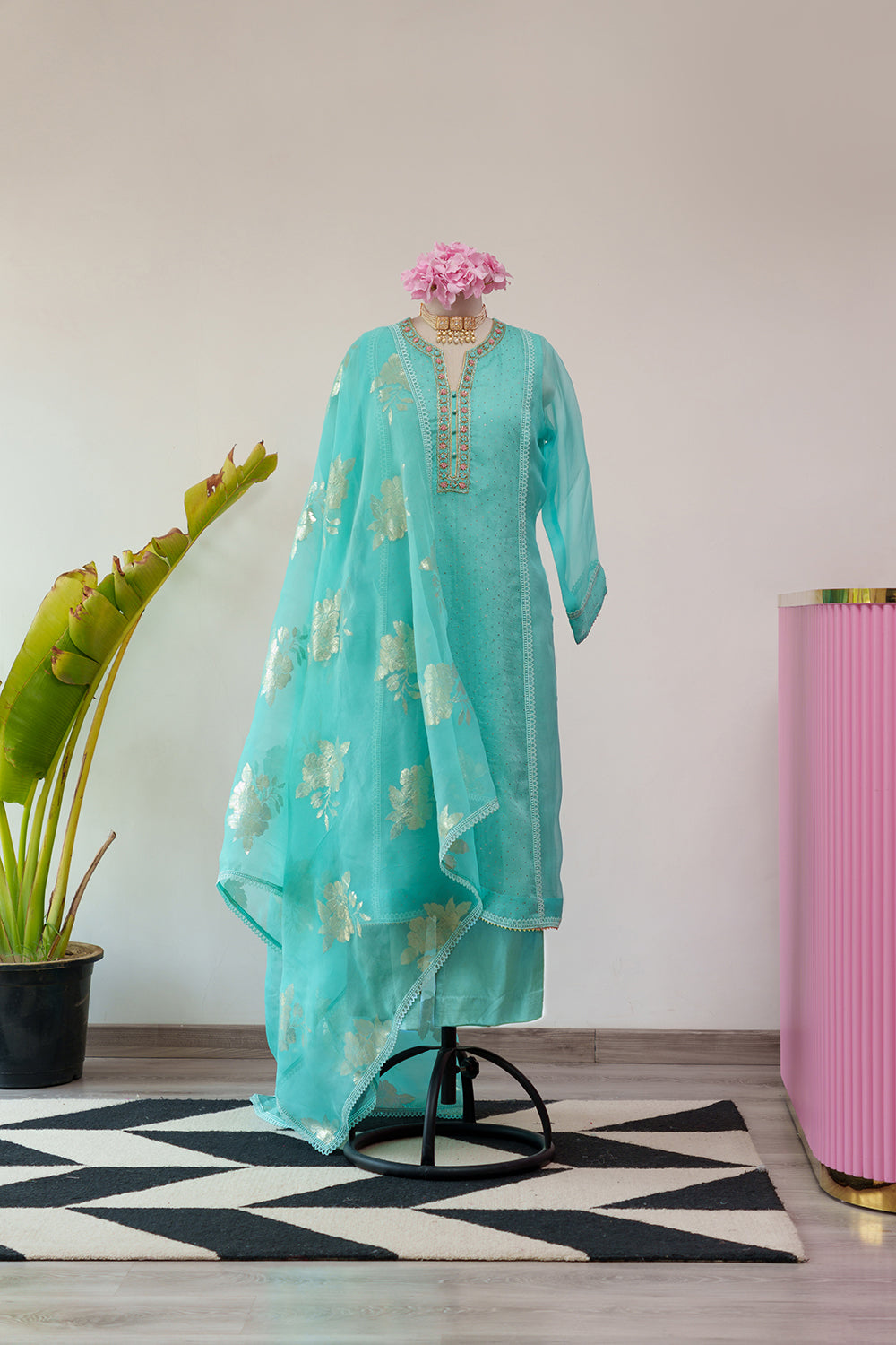 Sky Blue Organza Suit with Embroidery