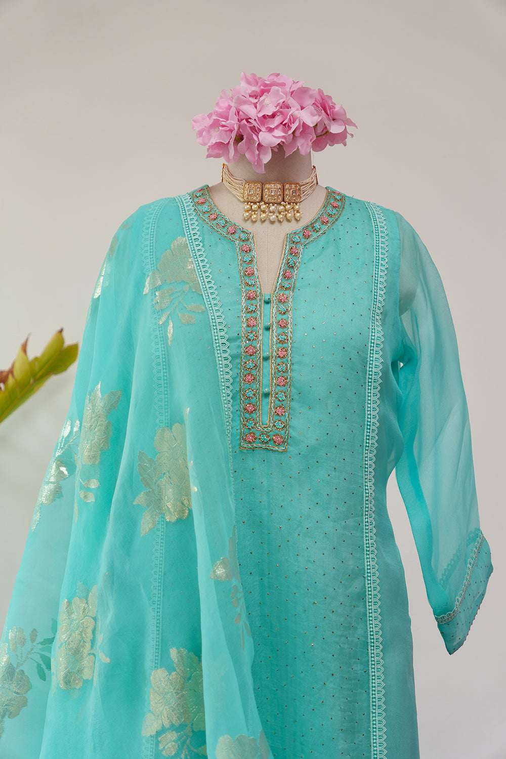 Sky Blue Organza Suit with Embroidery