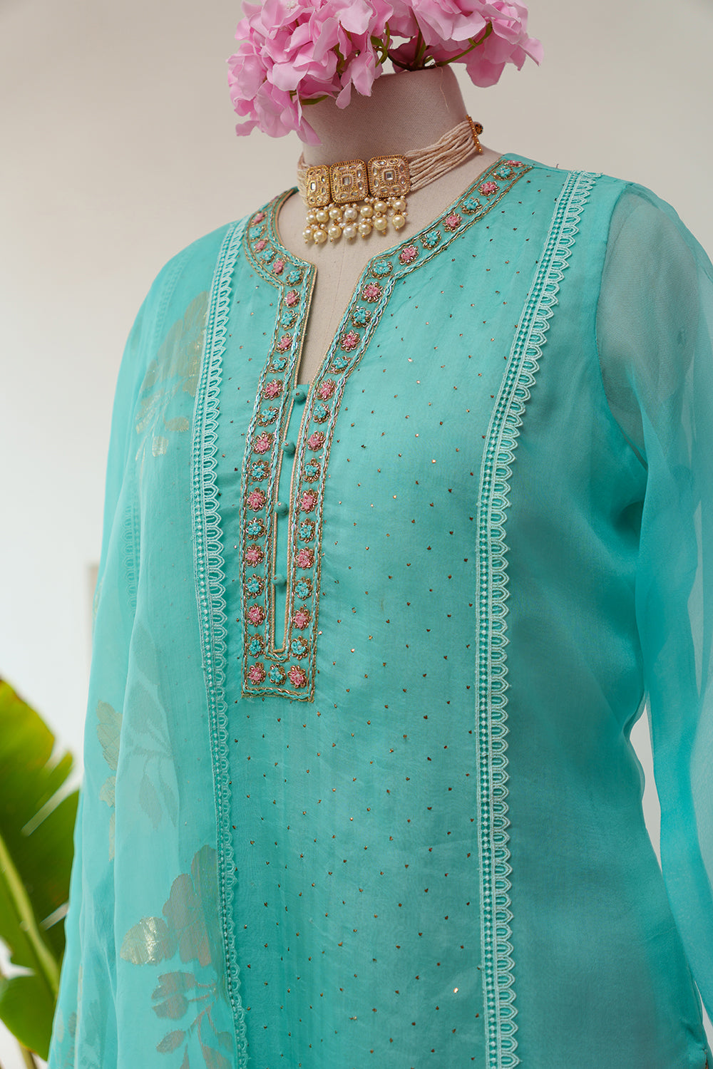 Sky Blue Organza Suit with Embroidery