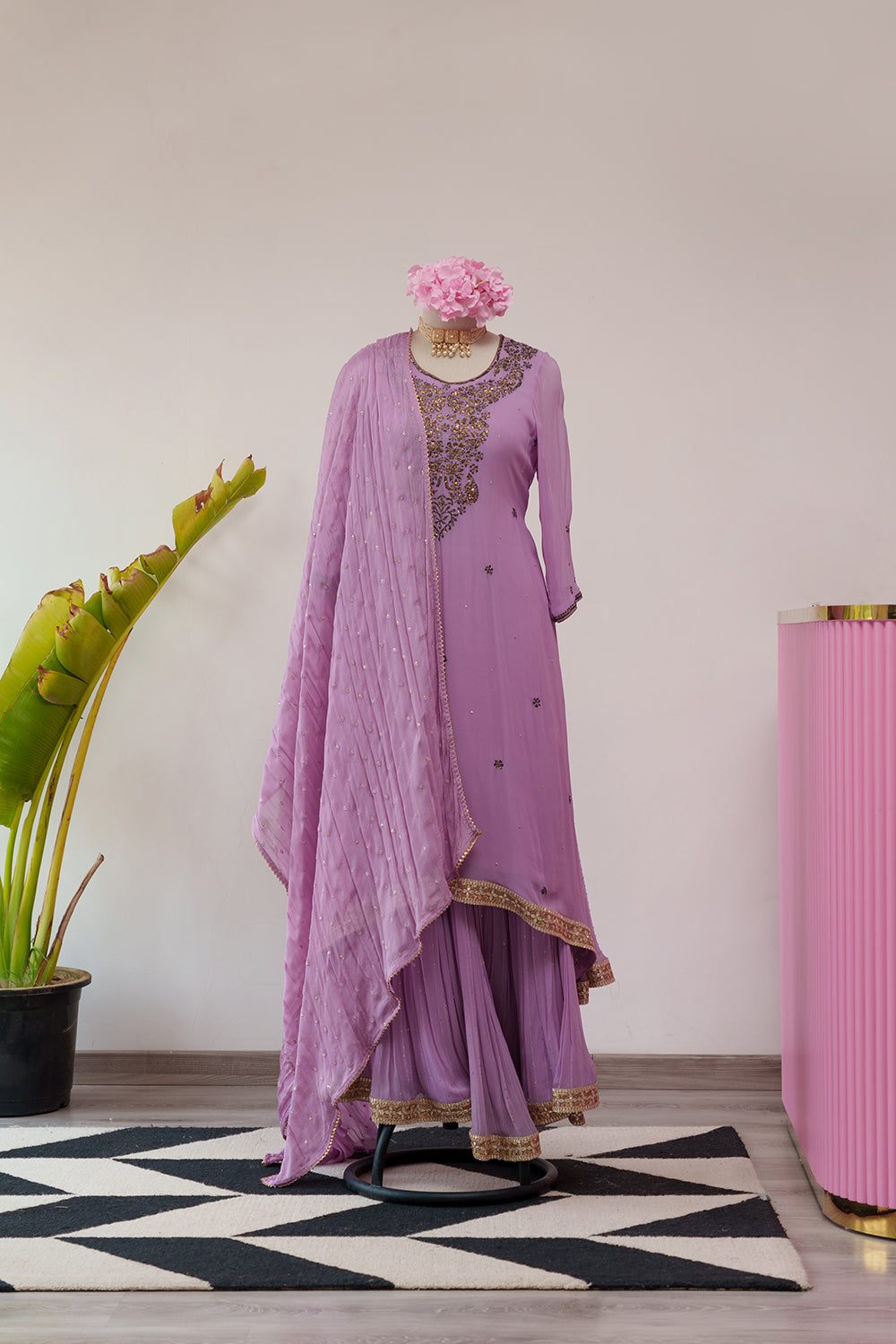 Mukaish work Gharara Set in Lilac Color