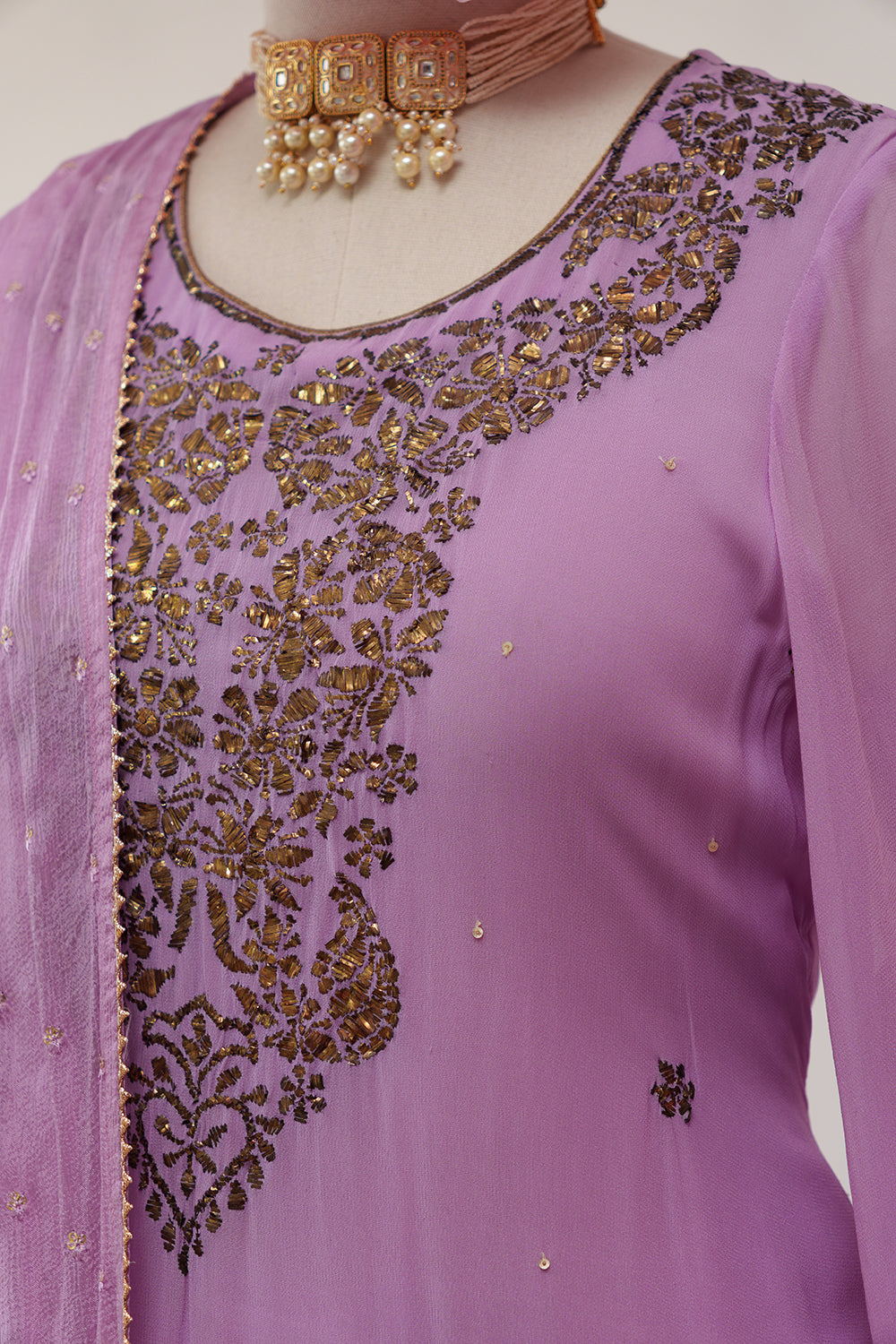 Mukaish work Gharara Set in Lilac Color