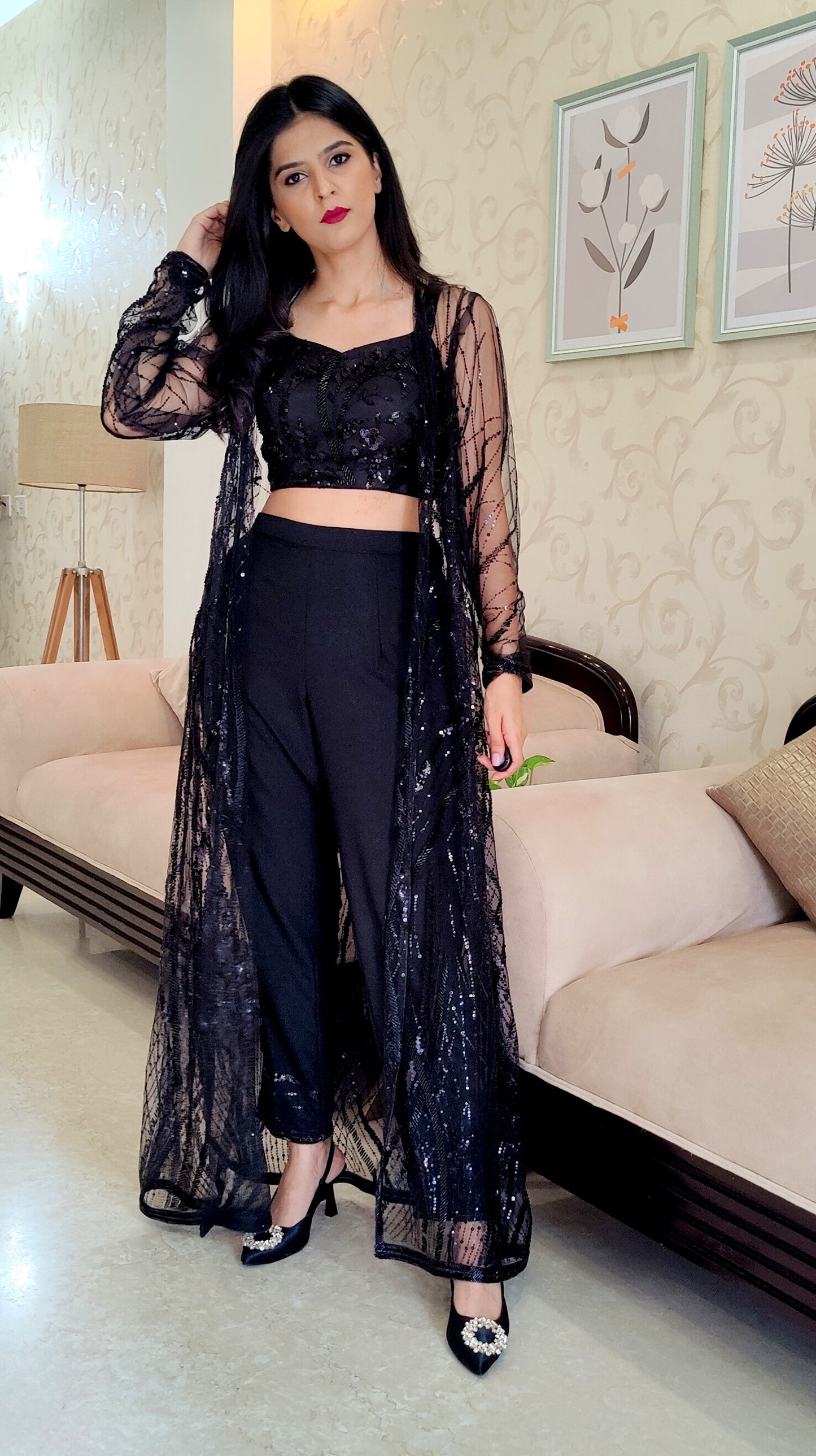 Black Cape + Pant + Crop Top Set