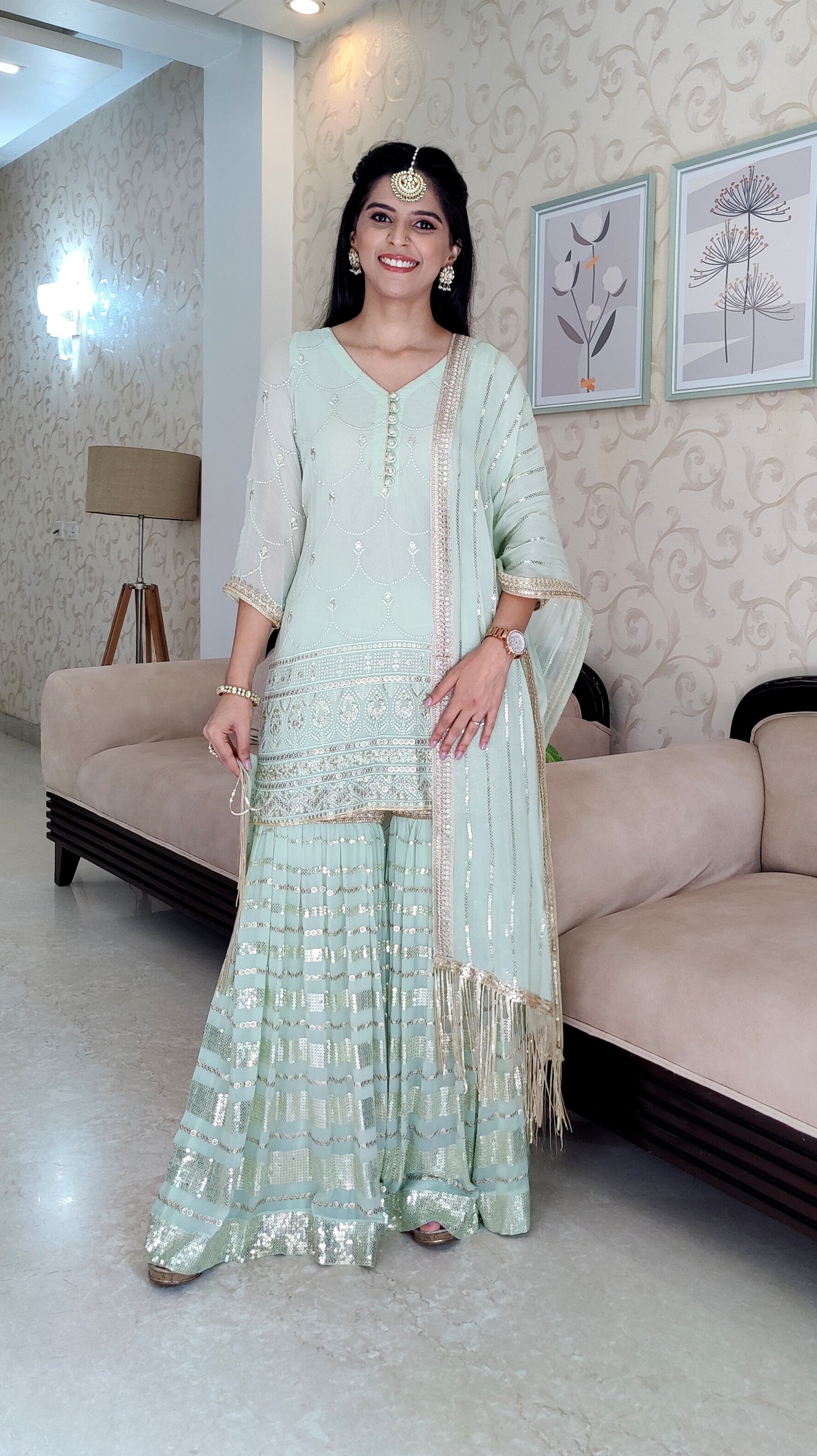 Pista Green Short Shirt with Gharara Set