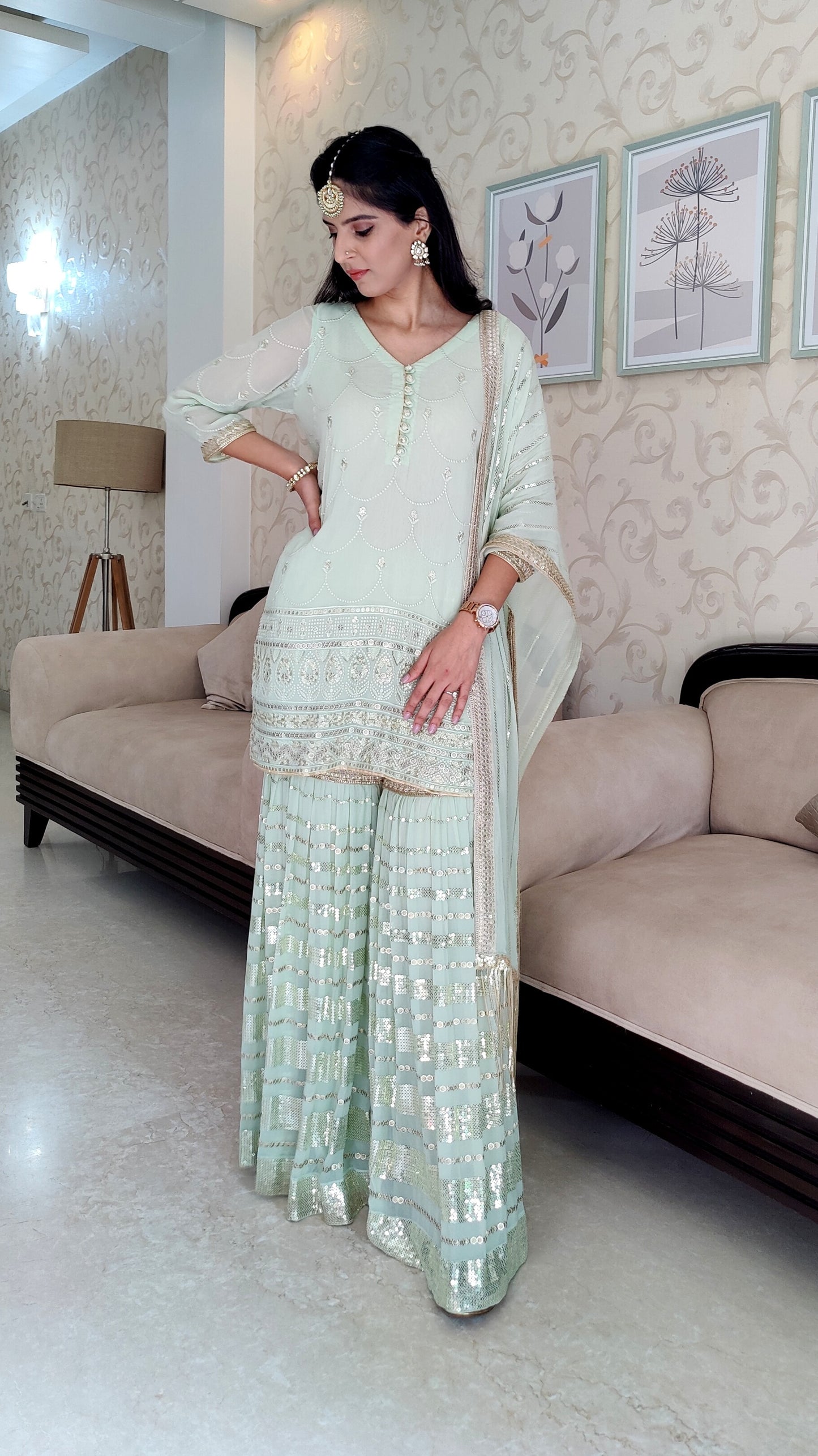 Pista Green Short Shirt with Gharara Set