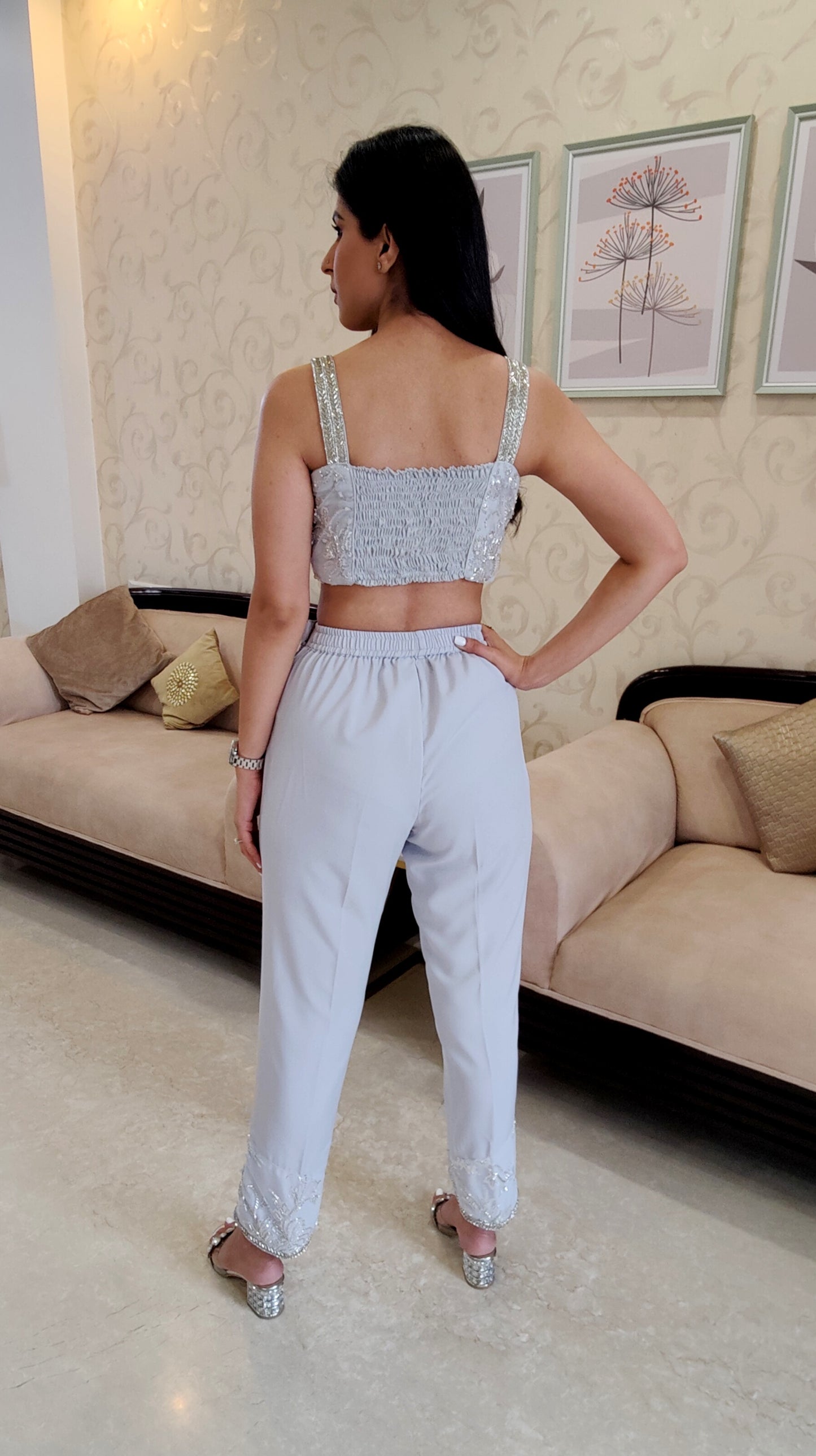 Silver Cape + Pant + Crop Top Set