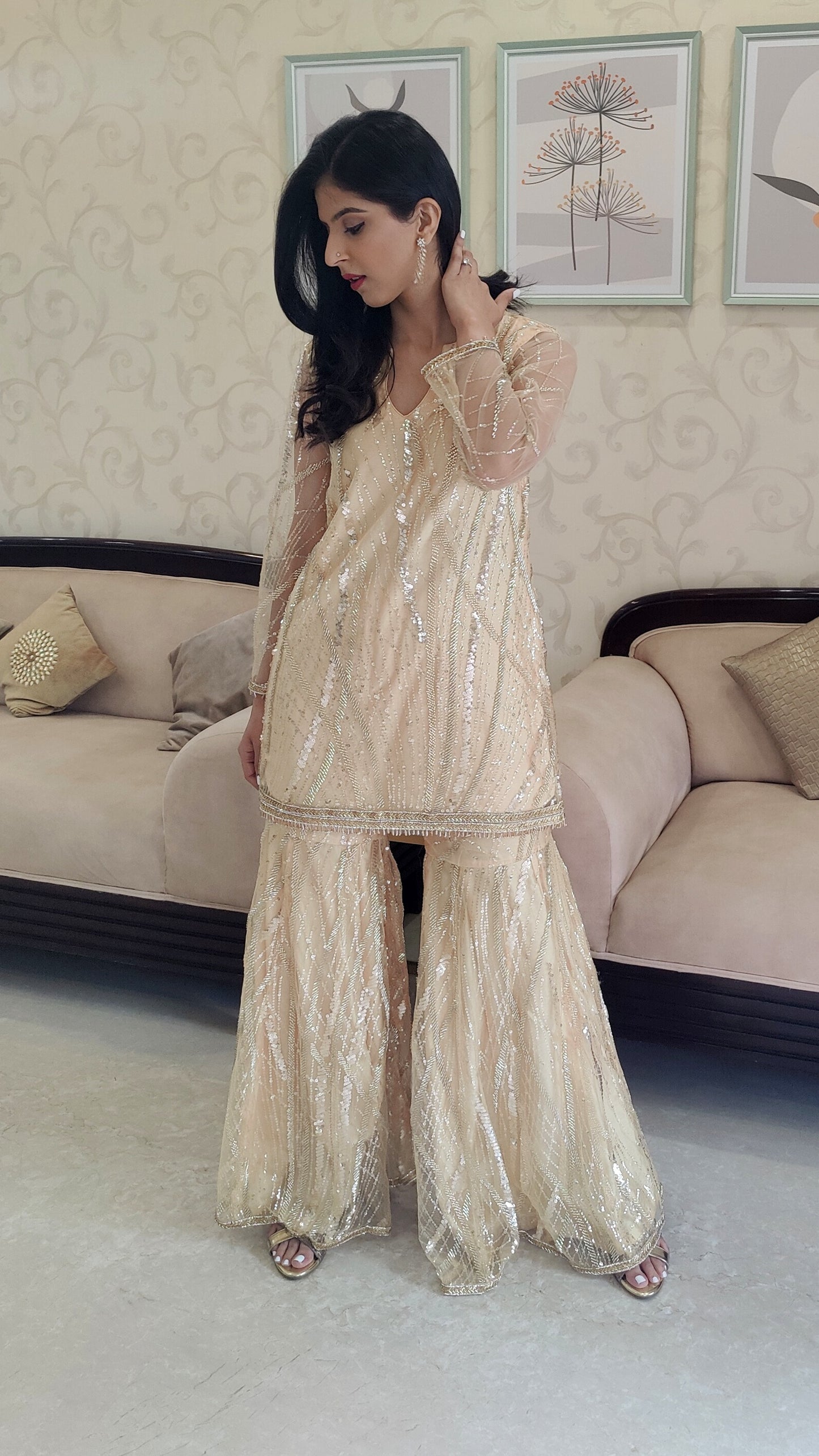 Golden Short Shirt & Gharara Set with Cut Dana Work