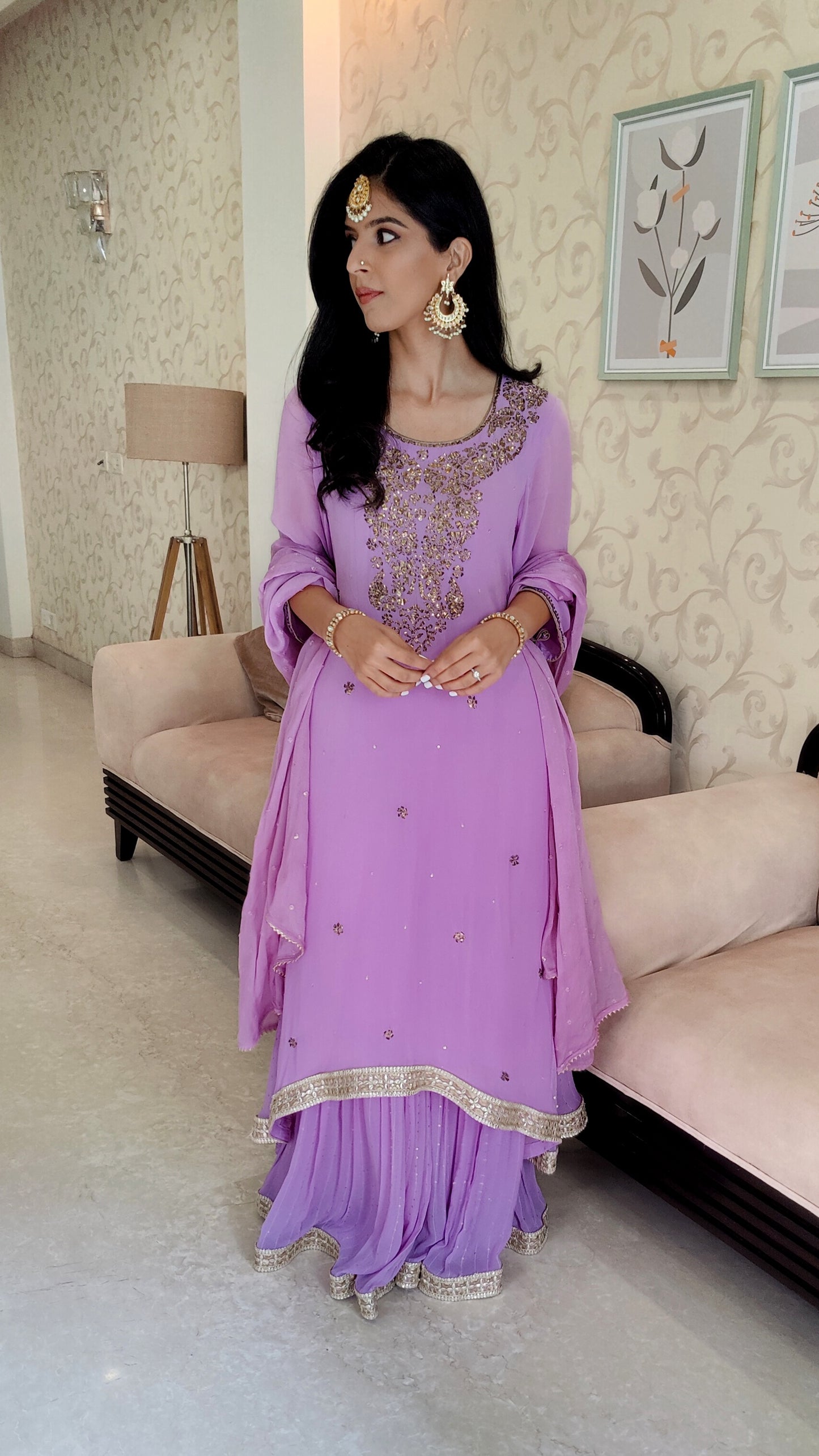 Mukaish work Gharara Set in Lilac Color