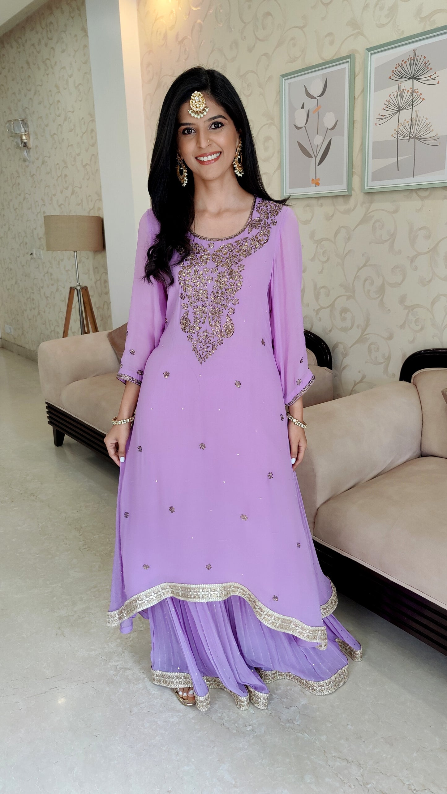 Mukaish work Gharara Set in Lilac Color