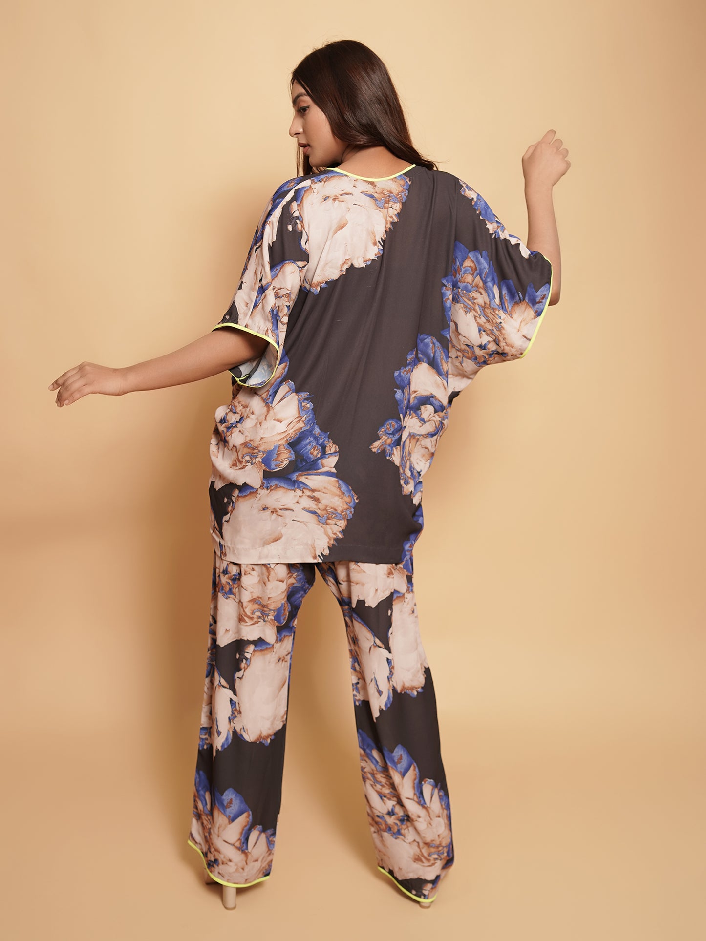 Floral Printed Kaftan Co-ord Set with Neon Edges