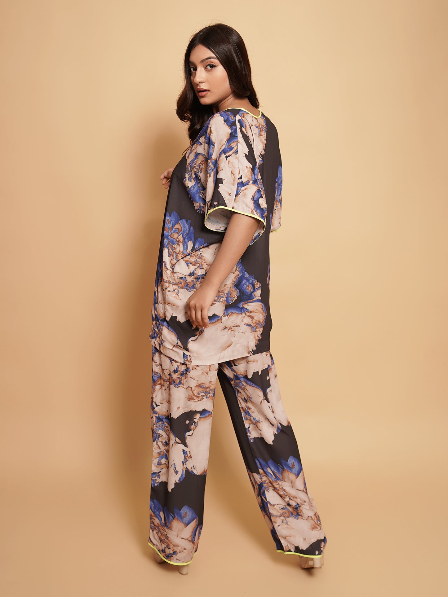 Floral Printed Kaftan Co-ord Set with Neon Edges