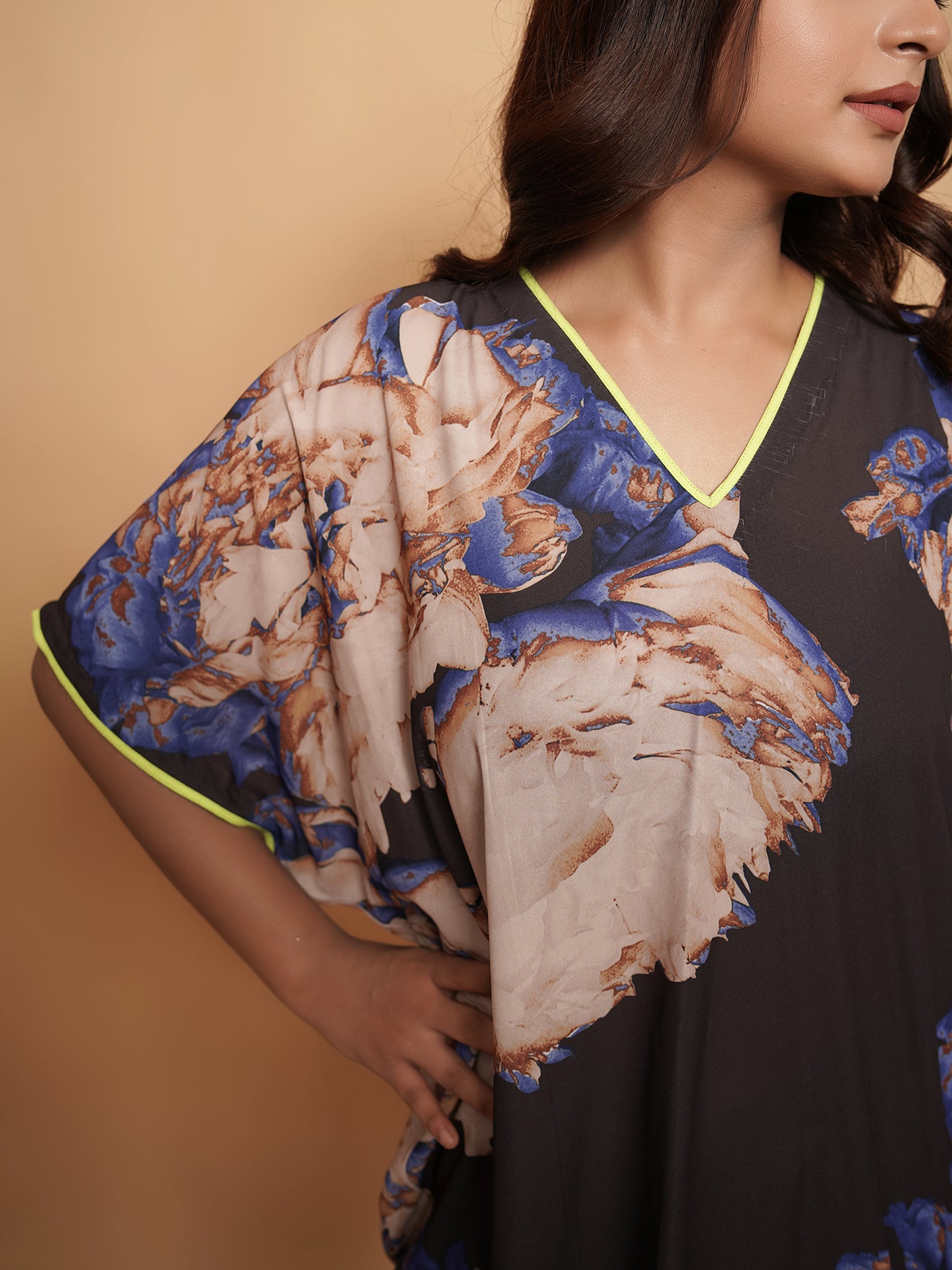 Floral Printed Kaftan Co-ord Set with Neon Edges