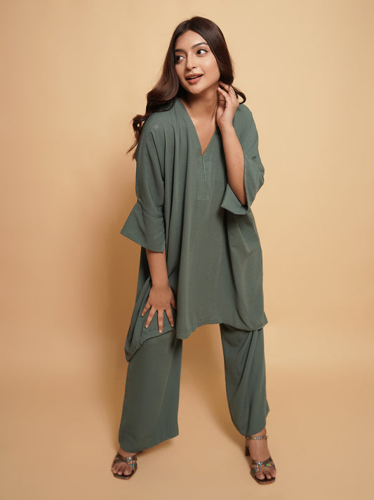 High Low Co-ord Set in Green Color