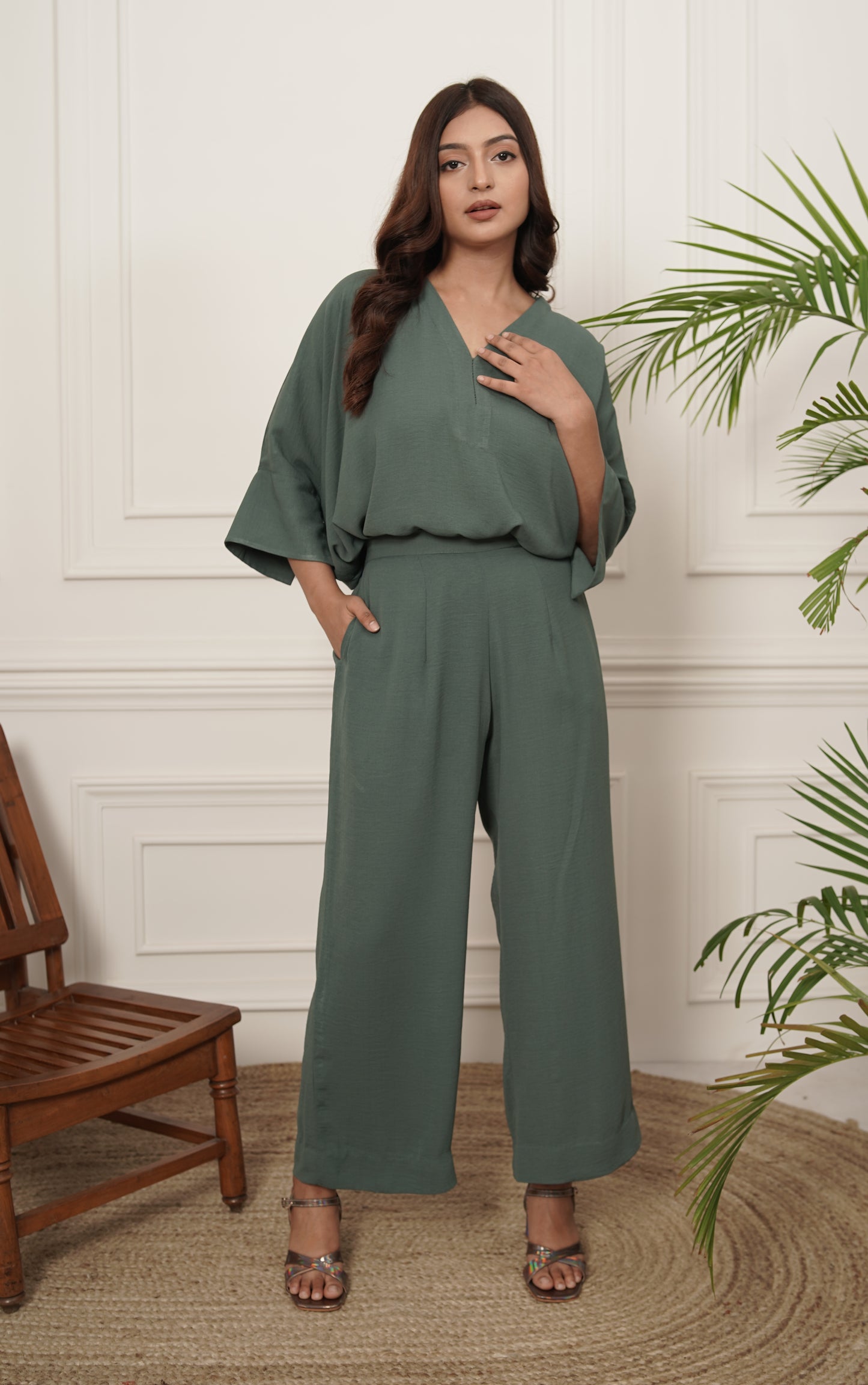 High Low Co-ord Set in Green Color