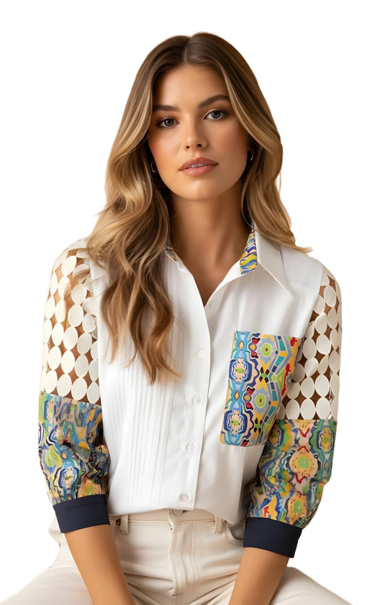 Cotton shirt with hakuba & multicolor print design