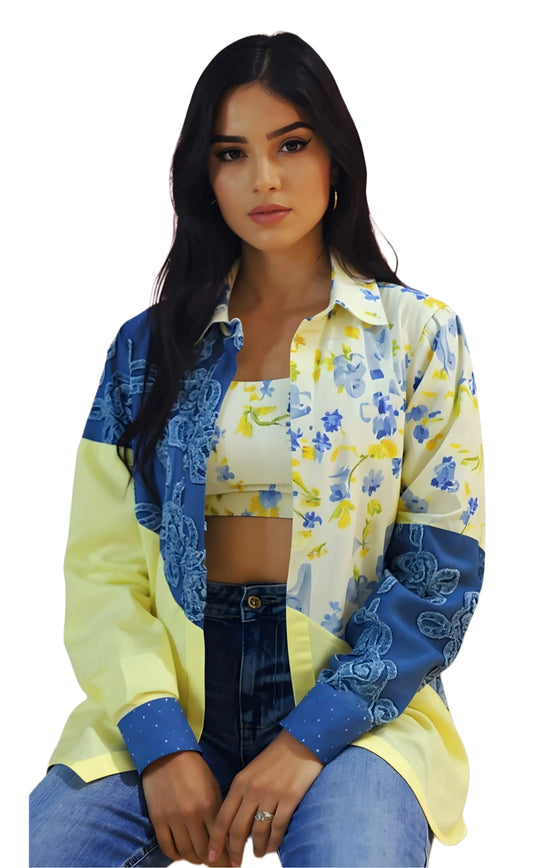 Cotton & Denim mix Open Shirt with Crop Top